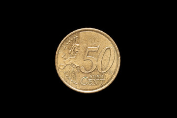 Spanish 50 Euro Cent coin from 2017, reverse. Isolated on black background