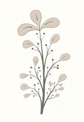 Branch with leaves in a gray tone in vintage style on a notebook page on a light background