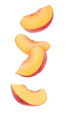 Isolated peach slices. Four wedges of raw peach fruits isolated on white background with clipping...