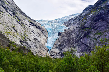 The Briksdalsbreen (Briksdal) glacier, which is the sleeve of the large Jostedalsbreen glacier in Norway.