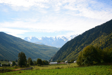 Beautiful mountain and forest view in Mazeri village, Swaneti, Georgia