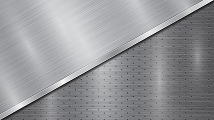 Background in silver and gray colors, consisting of a perforated metallic surface with holes and one big polished plate located in diagonal, with a metal texture, glares and shiny edge