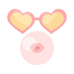 Heart shape sunglasses and bubble gum vector illustration
