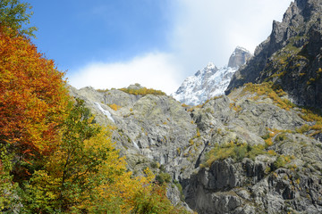 Beatiful nature landscape on the hiking route to Mazeri waterfall, Svaneti, Georgia