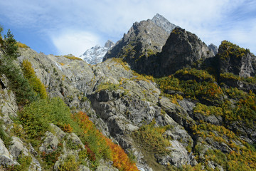 Beatiful nature landscape on the hiking route to Mazeri waterfall, Svaneti, Georgia