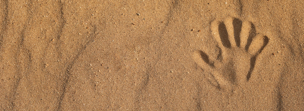 baner handprint on the sand on the beach. copy space