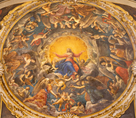 RAVENNA, ITALY - JANUARY 28, 2020: The freco Glory of Vigin Mary from the side cupola of Duomo...