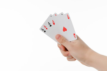 Playing cards in hand isolated on a white background