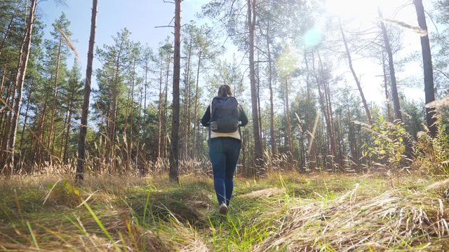 4k slow motion video from low point on young woman hiking in forest and walking on path through big meadow