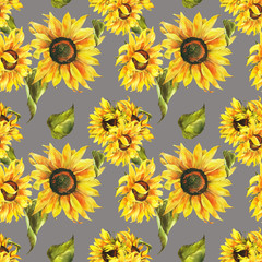 Watercolor seamless pattern with sunflowers, botanical painting, floral painting, stock illustration. Fabric wallpaper print texture.