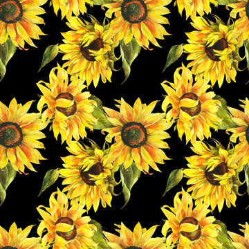 Watercolor seamless pattern with sunflowers, botanical painting, floral painting, stock illustration. Fabric wallpaper print texture.