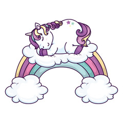 cute unicorn sleeping with clouds and rainbow vector illustration design