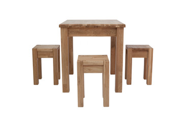 Table and three chairs for kitchen, isolated on white background, front view. Furniture made of...