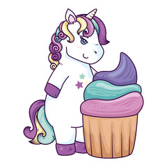 cute unicorn fantasy with cupcake isolated icon vector illustration design