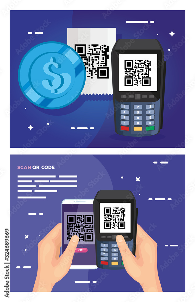 Poster set poster of scan code qr and icons vector illustration design