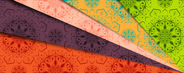Beautiful ornamental vector lace pattern in orange, violet, soft pink, yellow, and green colors