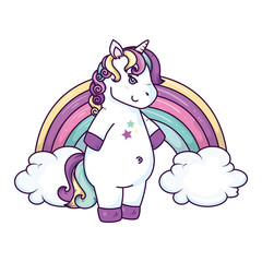 cute unicorn with clouds and rainbow vector illustration design