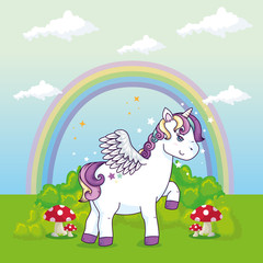 cute unicorn fantasy in landscape with rainbow vector illustration design