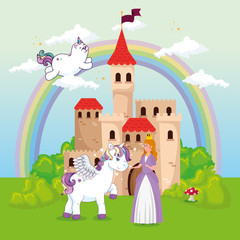 cute unicorns with princess in fantasy landscape vector illustration design