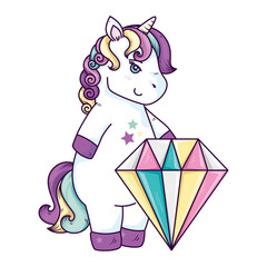 cute unicorn fantasy with diamond isolated icon vector illustration design
