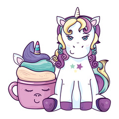 cute unicorn with cup unicorn kawaii style vector illustration design