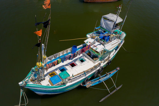 Aerial view of fishing boats and fish market in the south of Sri Lanka