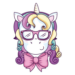 head of cute unicorn with eyeglasses vector illustration design