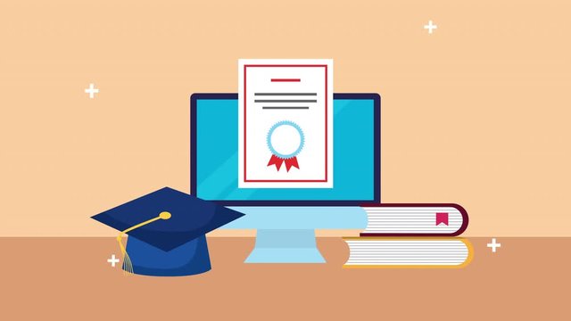 desktop with diploma and hat graduation elearning