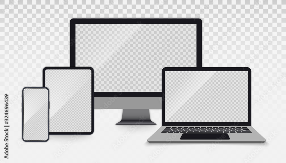Poster set of realistic monitor, laptop, tablet, smartphone. set of devices with empty screens. electronic 