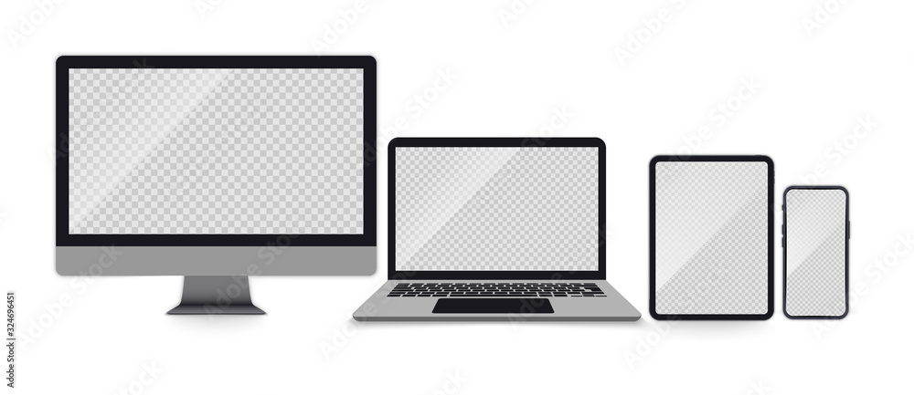 Poster set of realistic monitor, laptop, tablet, smartphone. set of devices with empty screens. electronic 