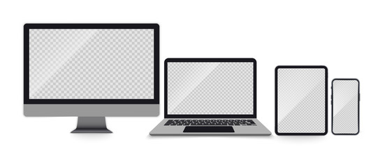 Fototapeta premium Set of Realistic monitor, laptop, tablet, smartphone. Set of Devices with empty screens. Electronic gadgets laptop, tablet computer, monitor and mobile phone on transparent screen