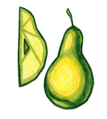 Pear hand-drawing with colored pencils. Isolated elements on a white background. Stock illustration.