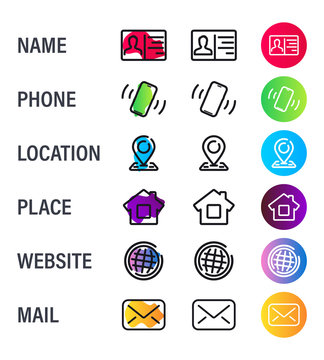 Business Card Icons. Contact Us Icons. Business Card Contact Information Icons. Vector Thin Line Symbols Set. Web Icon Mobile, Email, Location, Address, Website Icon Set