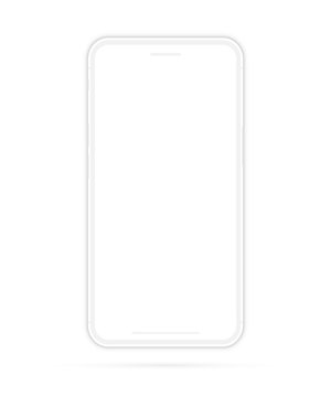 White mockup smartphone with blank white screen. Mockup of Frameless Smartphone. Phone Mock up. Blank screen for UI/UX, Mobile Application, Web Site, Game, Presentation or visual app demonstration