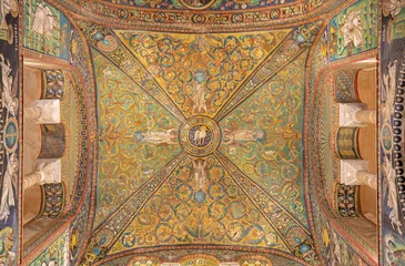 Poster RAVENNA, ITALY - JANUARY 28, 2020: The ceiling symbolic mosaic with the Lamb of God in the center from the presbytery of church Basilica di San Vitale from the 6. cent. © Renáta Sedmáková