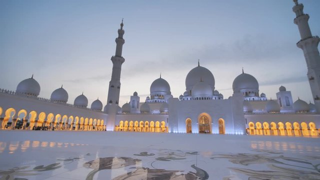 Dubai, UAE - December 14, 2019: Grand Mosque in Abu Dhabi at night, United Arab Emirates.