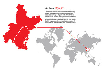 Map red color of Wuhan effect to allow the world. Chinese text translate to Wuhan. Spread of the virus.