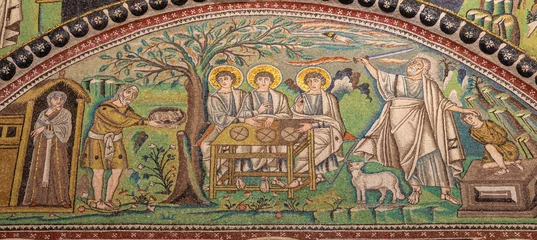 Poster RAVENNA, ITALY - JANUARY 28, 2020: The mosaic of scenes Abraham Hosts the Tree Angels and The Sacrifice of Isaac in presbytery of the church Basilica di San Vitale from the 6. cent. © Renáta Sedmáková