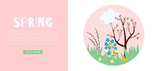 Spring pink web banner for warm season with blooming tree, green grass, cloud and rain vector illustration. Spring season card pink background.