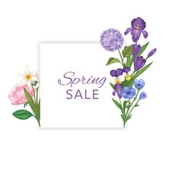 Spring sale banner with flowers and season discount banner design with blossoms cartoon vector illustration. Spring sale floral square frame.