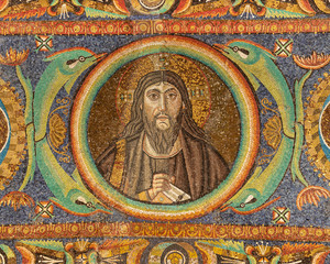 RAVENNA, ITALY - JANUARY 28, 2020: The mosaic of Jesus Christ from the arch of presbytery in the church Basilica di San Vitale from the 6. cent.