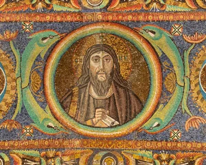 Poster RAVENNA, ITALY - JANUARY 28, 2020: The mosaic of Jesus Christ from the arch of presbytery in the church Basilica di San Vitale from the 6. cent. © Renáta Sedmáková