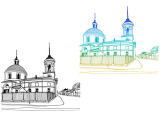 Urban landscapes with the old church. Nice views of the old Moscow. Hand drawn line art. Colorful vector illustration on white background. Without people