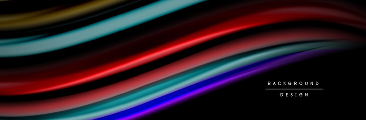 Silk and smooth flow wave poster design. Color waves, liquid style lines and shapes in black color background