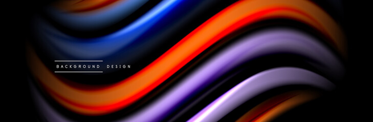 Fototapeta premium Silk and smooth flow wave poster design. Color waves, liquid style lines and shapes in black color background