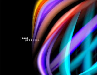 Silk smooth lines on black, liquid fluid color waves. Vector Illustration