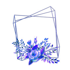 The geometric frame is framed with Blue rose flowers on a white isolated background. Flower poster, invitation. Watercolor compositions for the decoration of greeting cards or invitations.