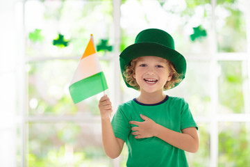 Kids celebrate St Patrick Day. Irish holiday.