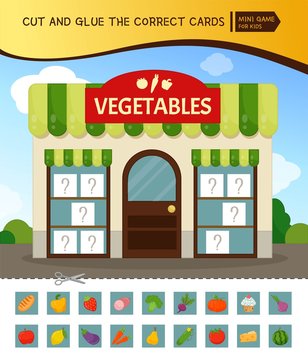 Educational  game for children. Cut and glue the correct cards. Cartoon illustration of a shop of vegetables