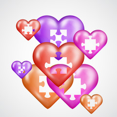 Broken vector hearts set with a missing puzzle isolated on white background. Dating app icons. Search for a soulmate concept, challenge in relationships, personality match idea. Web-site icons, logos.